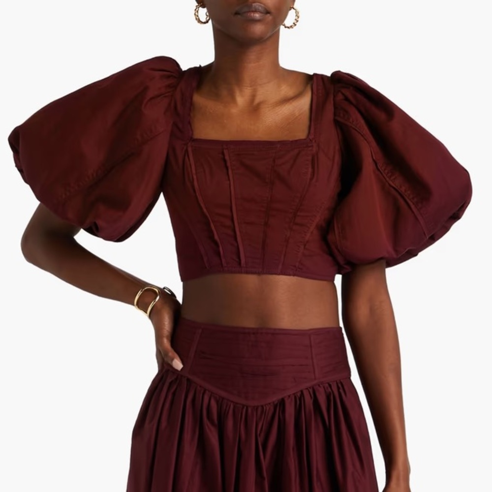 NWT Aje Sylvia Puff Sleeve Cropped Top in Chestnut Red